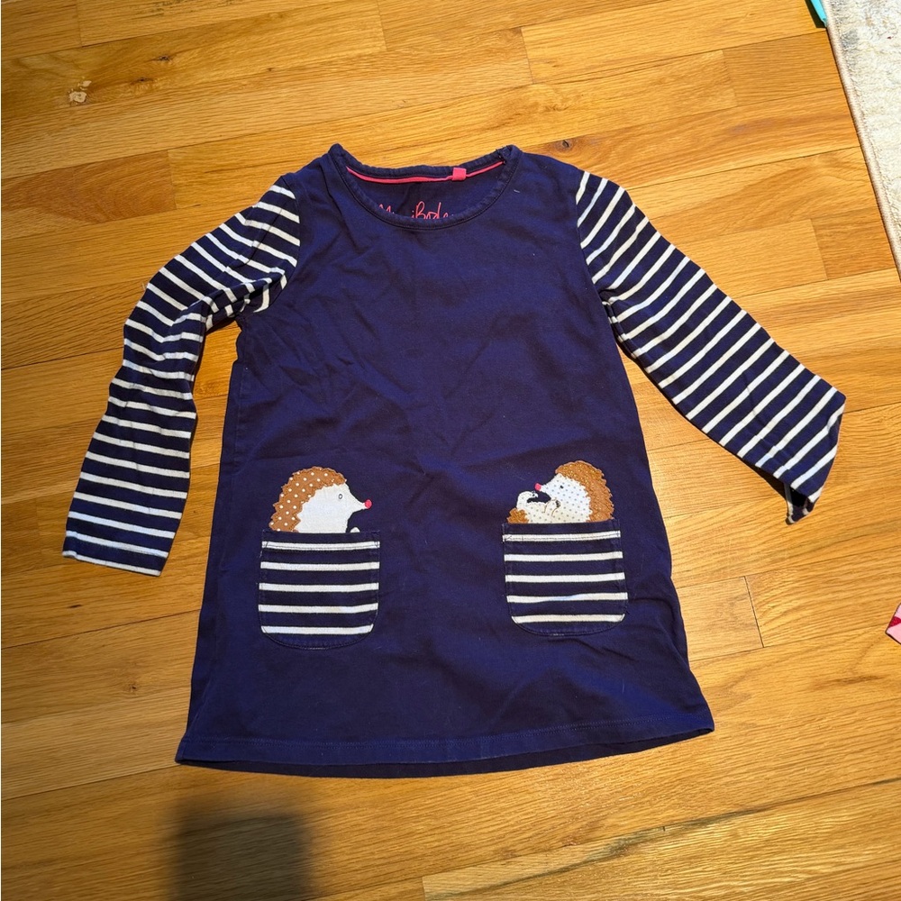 Mini Boden Blue Long Sleeve Shirt with Hedgehog Appliqué & Pockets